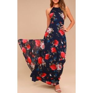 Navy Blue Floral Print Lace-Up Maxi Dress